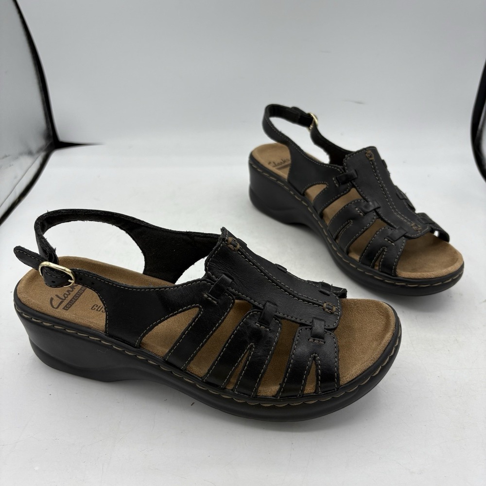 Clarks Sandals Womens Size 7 M Lexi Marigold Black Wedge Strappy Slingback